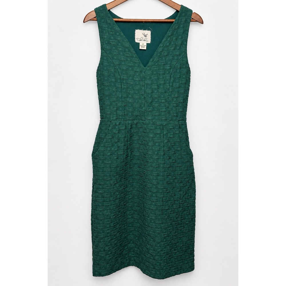 Anthropologie Tabitha Sheath Dress Size 2 Green Textured V Neck Pockets Work